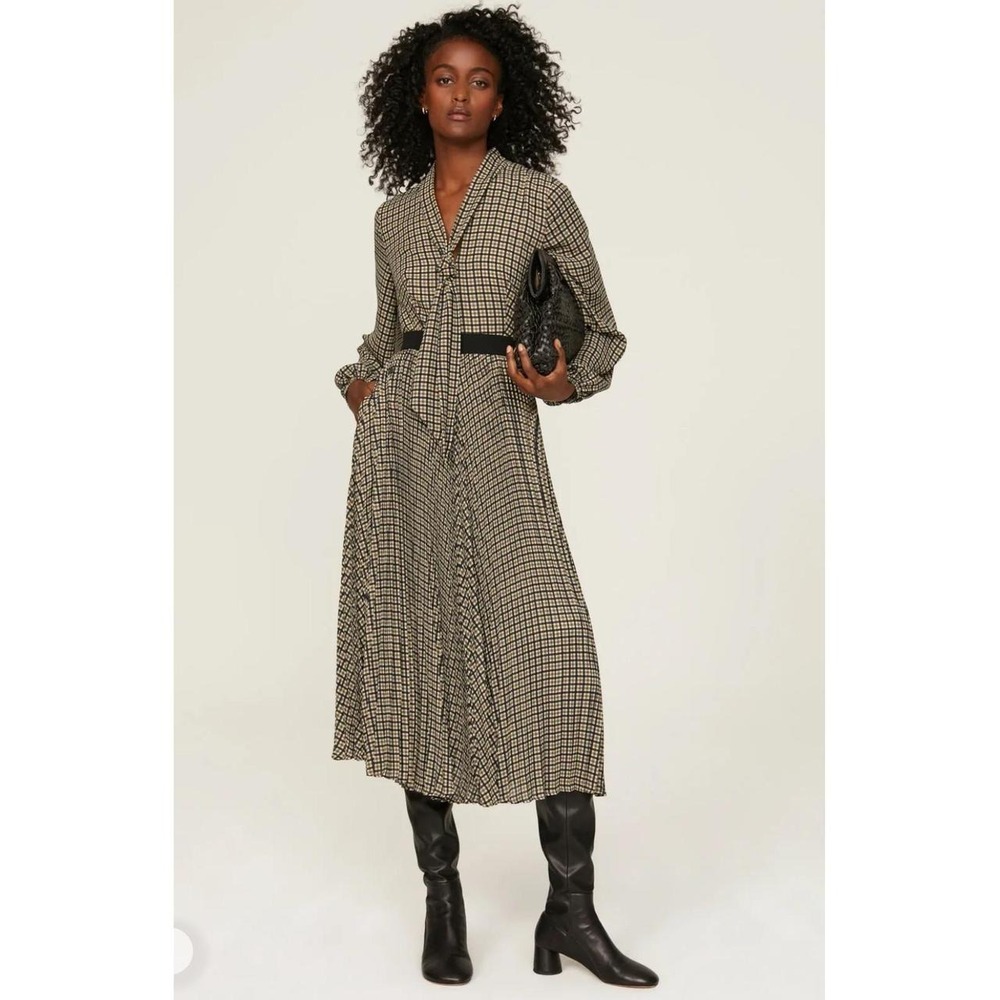 Toccin Alva dress brown and beige checkered midi dress with belt, size 14